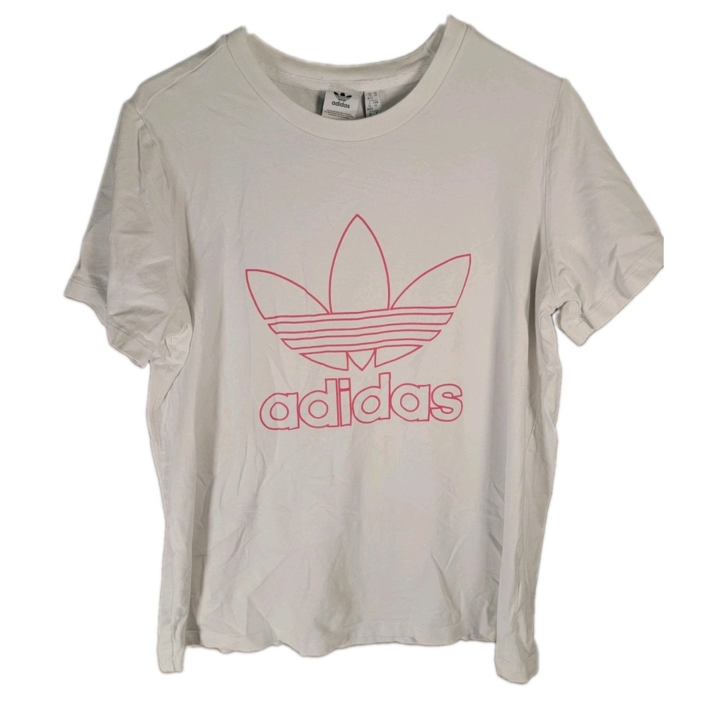 adidas Originals T Shirt Womens 1X White Pink Trefoil Graphic Tee GD2261 Stretch